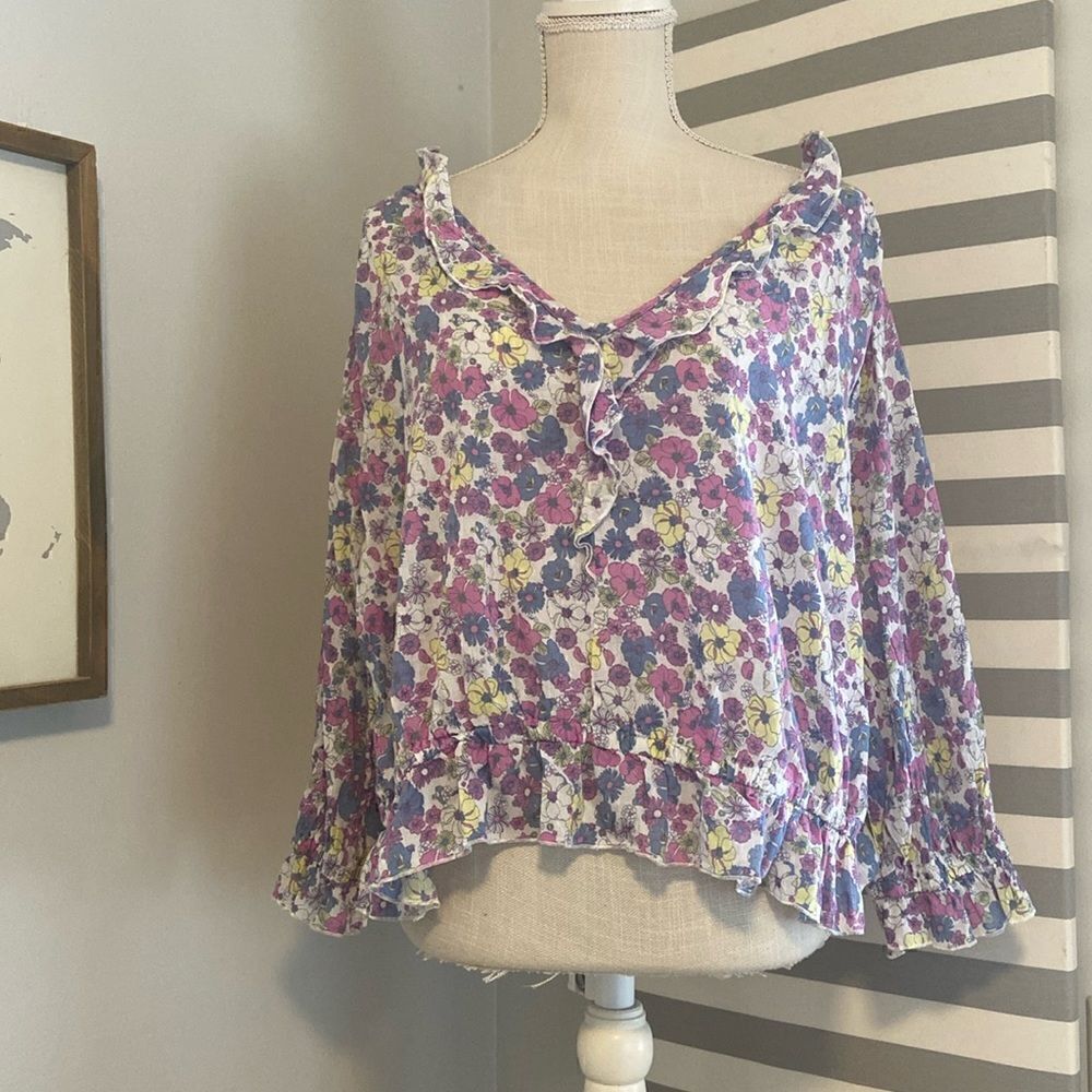 Modcloth Purple Floral Drama in Doll Valley Ruffled Cropped Blouse Size 2X